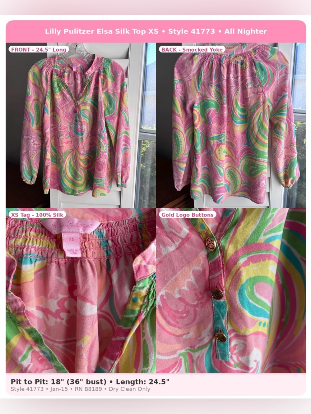 Lilly Pulitzer Elsa Silk Top XS 18" PTP Style 41773 All Nighter Pink Green Paisl